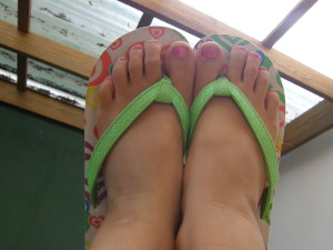 relaxing on the deck with Santa flip-flops